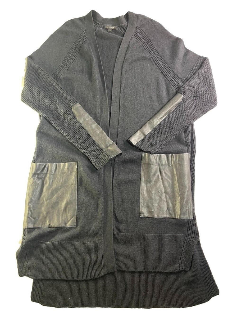 Banana Republic Black Open Cardigan Sweater Jacket Faux Leather Pockets XL